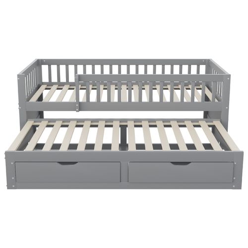 Lit Gigogne 90x200 Cm - Lit Simple Enfant Avec 2 Tiroirs Et Barrière - Design Moderne - Gris