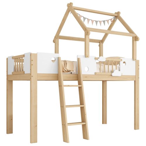 Lit Mezzanine 90x200 Cm - Enfant Avec Barrières - Échelle Sécurisée - Pin + Mdf - Blanc Naturel