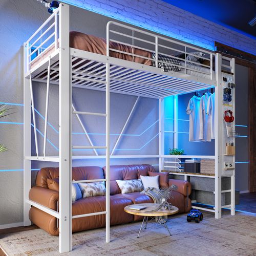 Lit Mezzanine 90x200 Cm Avec Bureau Et 4 Tiroirs, Métal + Mdf, Blanc