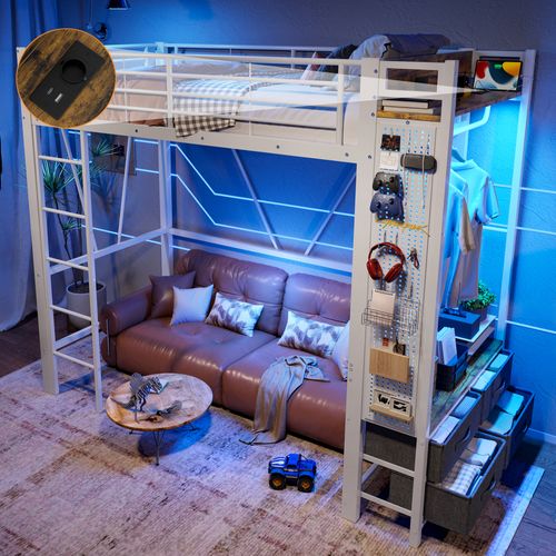 Lit Mezzanine 90x200 Cm Avec Bureau Et 4 Tiroirs, Métal + Mdf, Blanc