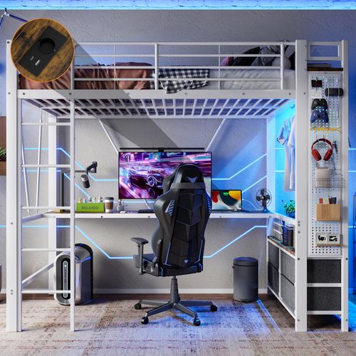 Lit Mezzanine 90x200 Cm Avec Bureau Intégré Et LED Rgb - Métal Et Mdf - Blanc