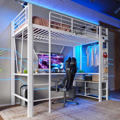 Lit Mezzanine 90x200 Cm Avec Bureau Intégré Et LED Rgb - Métal Et Mdf - Blanc