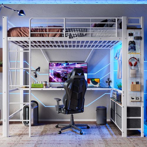 Lit Mezzanine 90x200 Cm Avec Bureau Intégré Et LED Rgb - Métal Et Mdf - Blanc