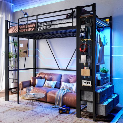 Lit Mezzanine 90x200 Cm Avec Bureau Intégré Et 4 Tiroirs - Métal Et Mdf - Noir