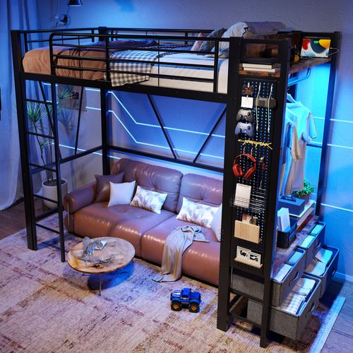 Lit Mezzanine 90x200 Cm Avec Bureau Intégré Et 4 Tiroirs - Métal Et Mdf - Noir