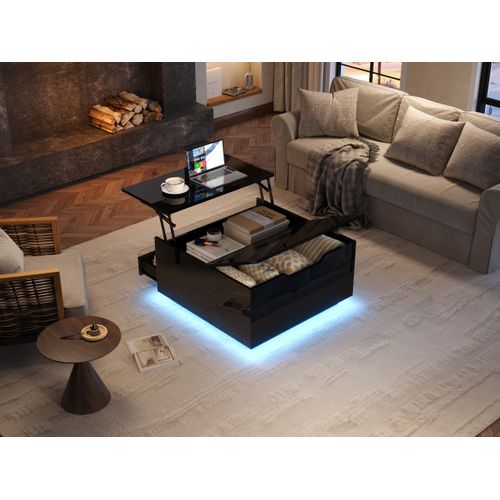 Table basse LED pour salon avec plateau relevable et rangement - 4 niveaux - Blanc brillant - Table basse centrale - Canapé - Compartiment caché - 1 étagère ouverte et 1 tiroir Table basse LED pour salon avec plateau relevable et rangement - 4 niveaux - Blanc brillant - Table basse centrale - Canapé - Compartiment caché - 1 étagère ouverte et 1 tiroir