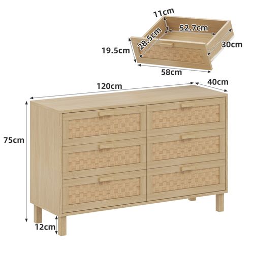 Commode - 6 Tiroirs Spacieux - Meuble De Rangement Moderne Pour Salon Et Chambre - Bois Naturel