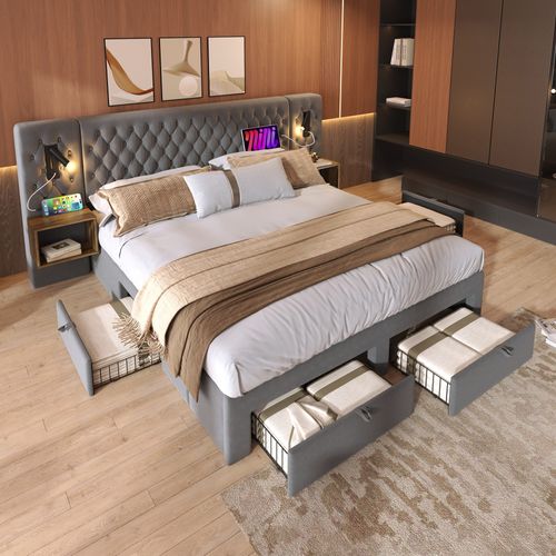 Chambre Complète 180x200 Cm - Lit Double Avec Chevets Tiroirs LED Et Rangement Intégré -velours Gris