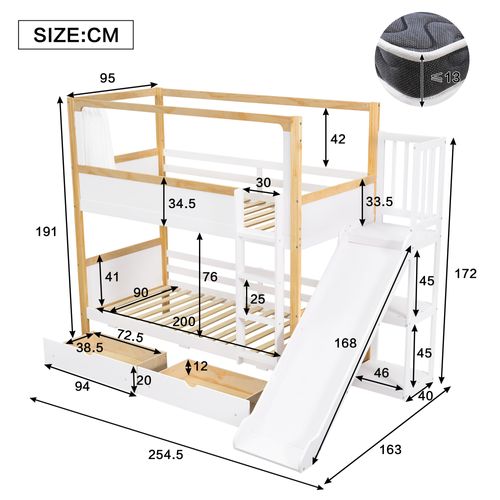 Lit Superposé Enfant 90x200 Cm - Cabane - Toboggan - Rideaux - Bois Pin + Mdf - Blanc Et Naturel