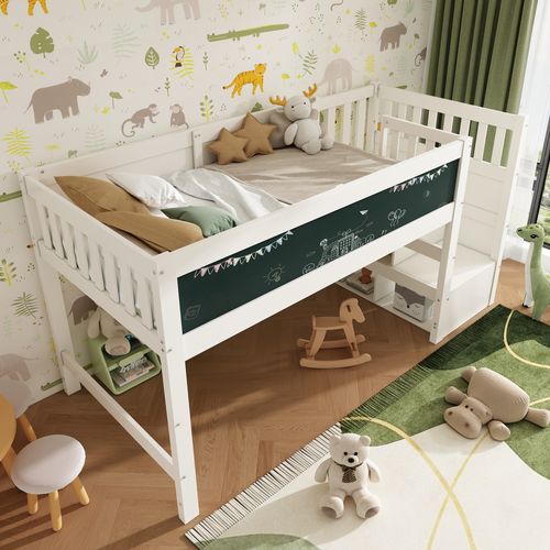 Lit Mezzanine 90x200 Cm - Bureau Rangement - Tiroirs Tableau - Protection Anti-chute - Bois - Blanc