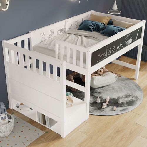 Lit Mezzanine 90x200 Cm - Bureau Rangement - Tiroirs Tableau - Protection Anti-chute - Bois - Blanc