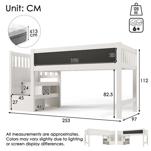 Lit Mezzanine 90x200 Cm - Bureau Rangement - Tiroirs Tableau - Protection Anti-chute - Bois - Blanc