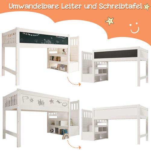 Lit Mezzanine 90x200 Cm - Bureau Rangement - Tiroirs Tableau - Protection Anti-chute - Bois - Blanc