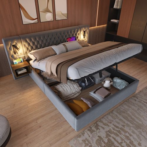 Chambre Complète 160x200 Cm - Lit Double Avec USB Rangement Pratique Et Tête Éclairée - Velours Gris
