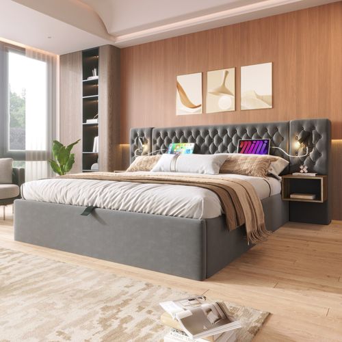 Lit Coffre 180x200 Cm - Lit Capitonné -rangement -2 Tables De Chevet - Lampe Et USB - Velours - Gris