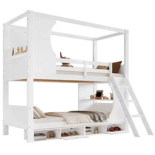 Lit Superposé 90x200 Cm - Combiné Avec Armoire Intégrée - Table - Rangement Spacieux - Mdf - Blanc