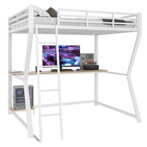 Lit Mezzanine 140x200 Cm - Déco - Bureau - LED - USB - Escalier Sécurisé - Métal Et Mdf - Blanc