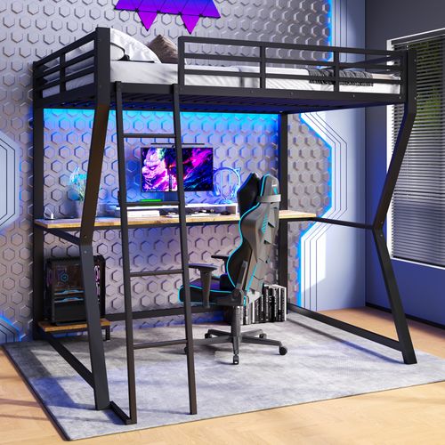 Lit Mezzanine 140x200 Cm - Déco - Bureau - LED - USB - Escalier Sécurisé - Métal Et Mdf - Noir
