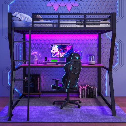 Lit Mezzanine 140x200 Cm - Déco - Bureau - LED - USB - Escalier Sécurisé - Métal Et Mdf - Noir