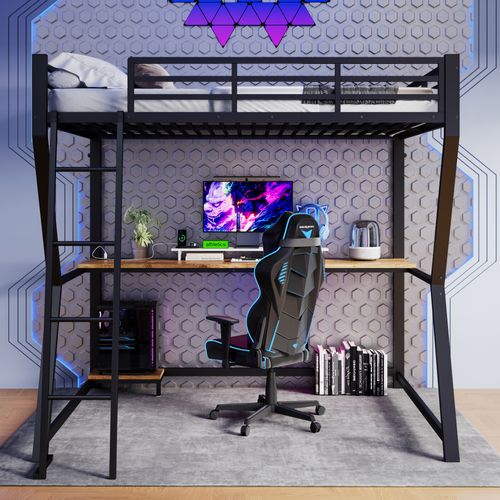 Lit Mezzanine 140x200 Cm - Déco - Bureau - LED - USB - Escalier Sécurisé - Métal Et Mdf - Noir