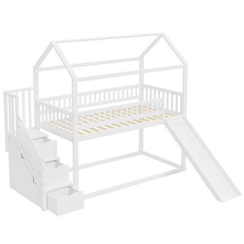 Lit Superposé 90x200 Cm - Enfant - Toboggan - Rangement - Échelle Latérale - Bois Massif Mdf - Blanc