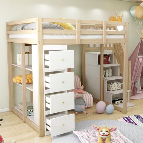 Lit Mezzanine 140x200 Cm - Enfant - Tiroirs - Commode - Étagères - Échelle Antidérapante - Bois
