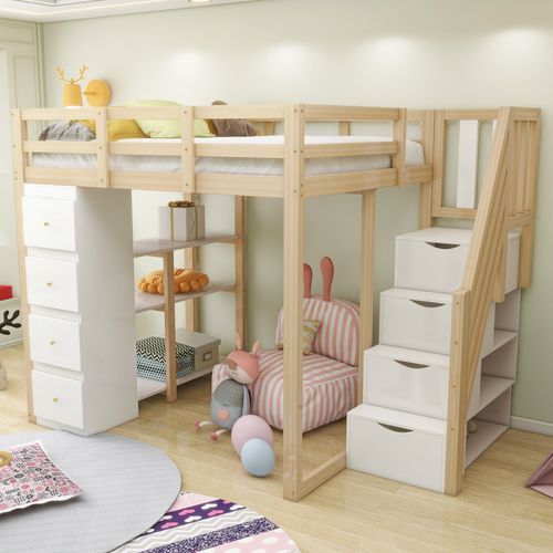 Lit Mezzanine 140x200 Cm - Enfant - Tiroirs - Commode - Étagères - Échelle Antidérapante - Bois