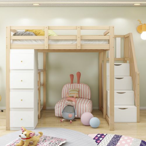 Lit Mezzanine 140x200 Cm - Enfant - Tiroirs - Commode - Étagères - Échelle Antidérapante - Bois