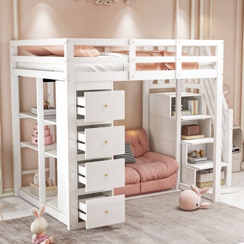 Lit Mezzanine 140x200 - Tiroirs Et Commode - Étagères - Échelle De Sécurité Antidérapante - Blanc