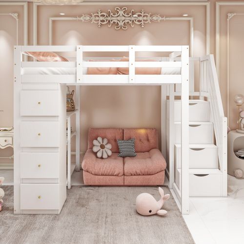 Lit Mezzanine 140x200 - Tiroirs Et Commode - Étagères - Échelle De Sécurité Antidérapante - Blanc