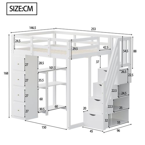 Lit Mezzanine 140x200 - Tiroirs Et Commode - Étagères - Échelle De Sécurité Antidérapante - Blanc
