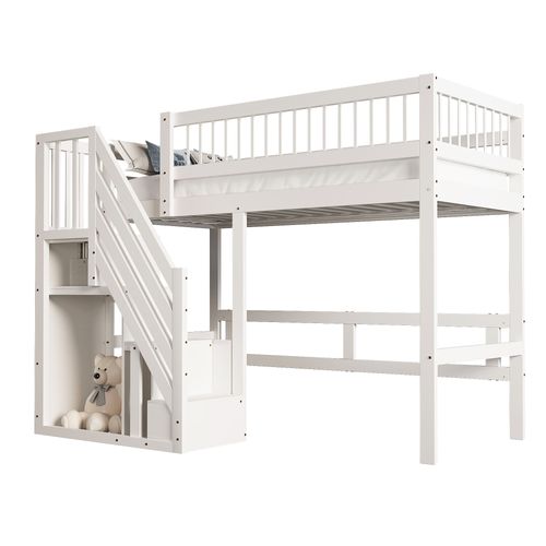 Lit Mezzanine 90x200 Cm - Avec Escalier Et Coffres De Rangement - Mdf - Blanc