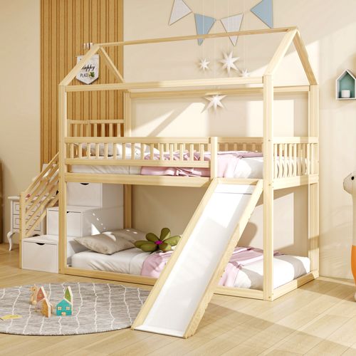 Lit Superposé Enfant 90x200 Cm Avec Escalier Rangement Et Tiroirs - Blanc/Naturel, Sécurité EN 747, Matelas Non Inclus