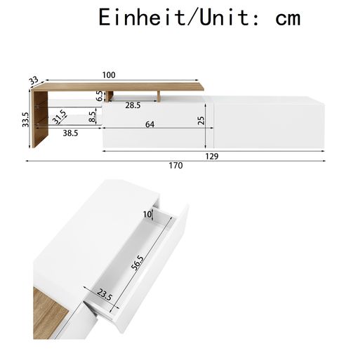 Meuble TV - Meuble TV Bas Blanc Laqué Avec LED Intégré Et Étagères En Verre, 170x33x33,5 Cm - Blanc