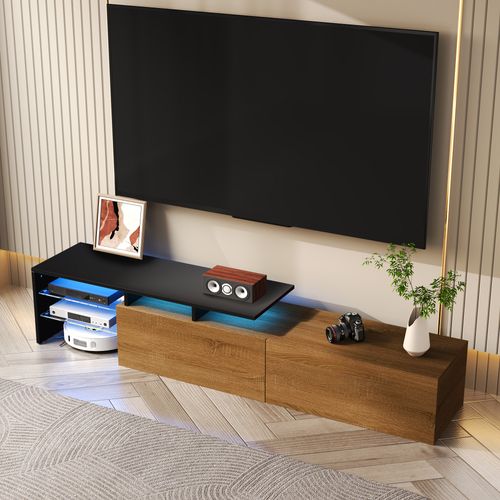 Meuble TV Bas LED Étagères Verre Design Moderne Rangement 170x33x33,5 Cm Naturel
