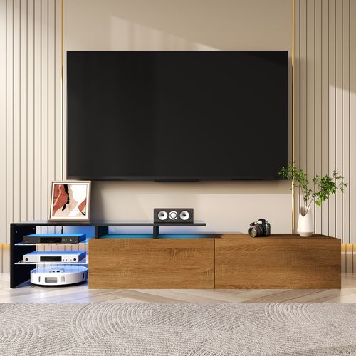 Meuble TV Bas LED Étagères Verre Design Moderne Rangement 170x33x33,5 Cm Naturel