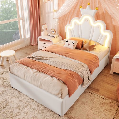 Lit Coffre 90x200 Cm - Déco - Tête Réglable - Mécanisme Hydraulique - LED - Coffre - Pu +mdf - Blanc