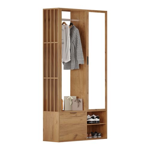 Meuble D'entrée Vestiaire Multifonction Avec Miroir, Séchoir Ouvert Et Armoire Battante, Naturel