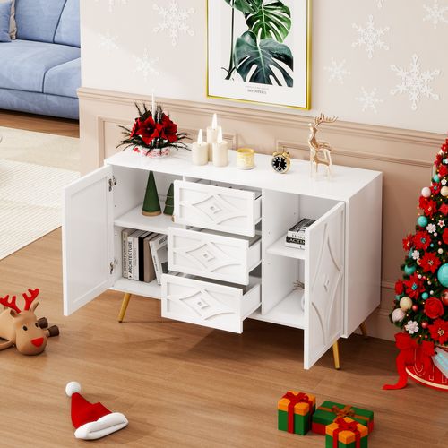 Commode - 3 Tiroirs - 2 Portes - Motif Losange En Relief - Pieds Dorés - Meuble Polyvalent - Blanc