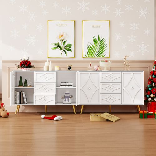 Commode - 3 Tiroirs - 2 Portes - Motif Losange En Relief - Pieds Dorés - Meuble Polyvalent - Blanc