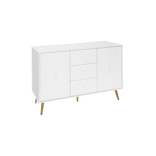 Commode - 3 Tiroirs - 2 Portes - Motif Losange En Relief - Pieds Dorés - Meuble Polyvalent - Blanc