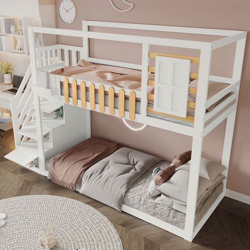 Lit Superposé Enfant 90x200 Cm - Escalier - Rangement - 3 Casiers + Barrière Sécurité - Mdf - Blanc