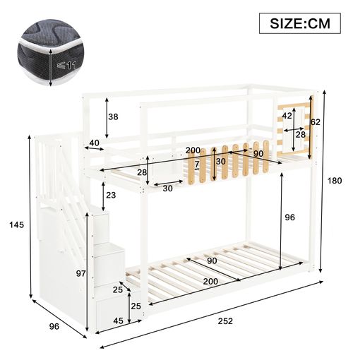 Lit Superposé Enfant 90x200 Cm - Escalier - Rangement - 3 Casiers + Barrière Sécurité - Mdf - Blanc