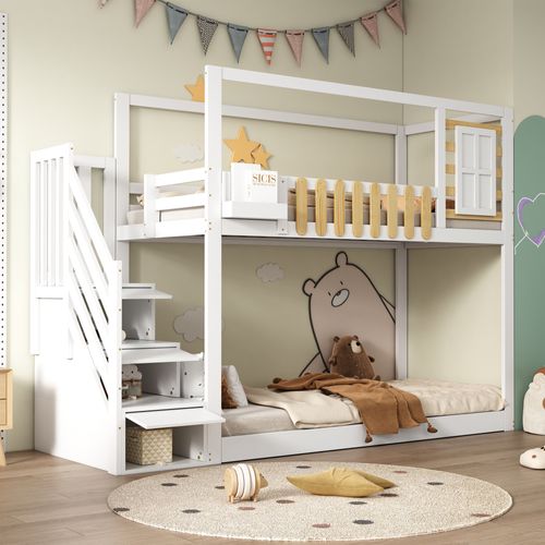 Lit Superposé Enfant 90x200 Cm - Escalier - Rangement - 3 Casiers + Barrière Sécurité - Mdf - Blanc