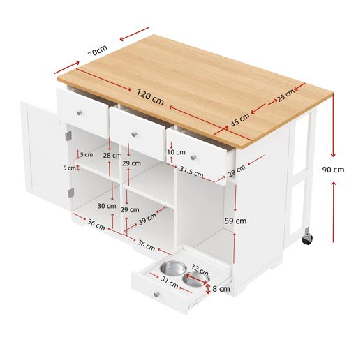 îlot de cuisine - Desserte de cuisine - tiroirs et gamelles -Multifonction -Rangement - MDF - Blanc
