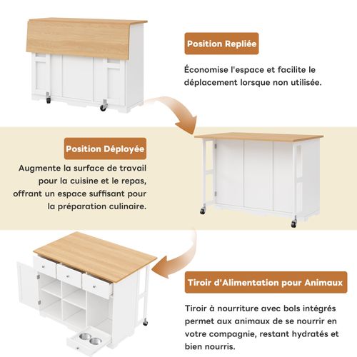 îlot de cuisine - Desserte de cuisine - tiroirs et gamelles -Multifonction -Rangement - MDF - Blanc