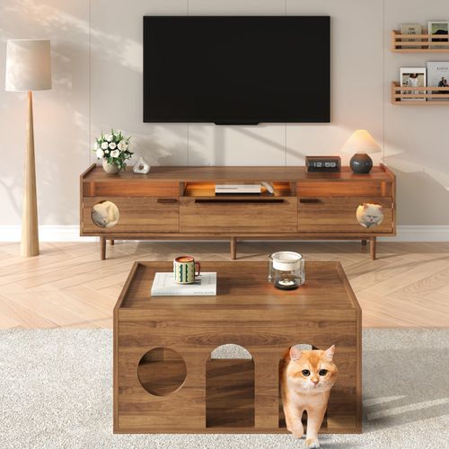 Ensemble Salon 2 Pièces - Meuble TV Avec Espace Chat - LED Intégrée - Table Basse - Bois + Noyer