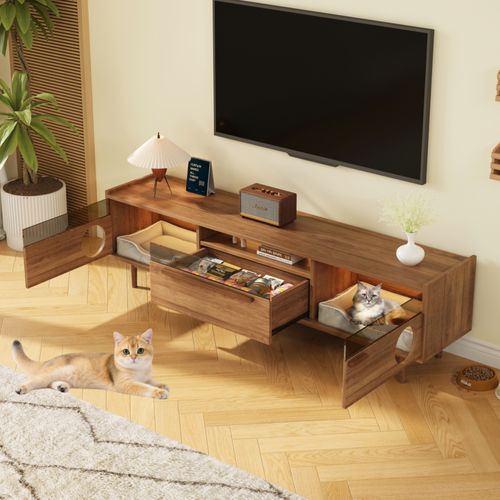 Meuble TV Moderne - LED - Rangements Fermés - Portes Vitrées - Design Pet Friendly - Mdf - Noyer