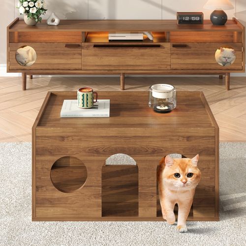 Table Basse - Salon - Chatière Pour Animaux, Design Pratique Avec Espace Chat - Bois Noyer