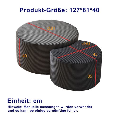 Table Basse Ronde 2 Pièces - Table Basse Mousse - Avec Pouf - Tissu - Noir